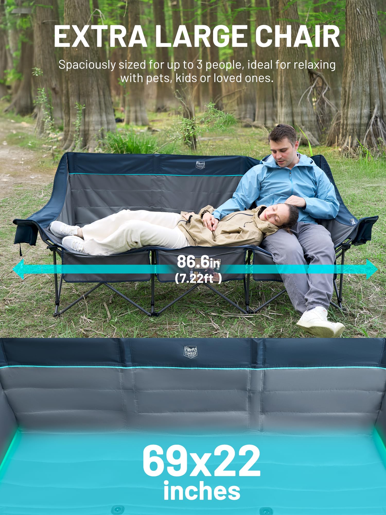 Timber Ridge padded 3-person camping chair heavy-duty frame supports rugged outdoor use