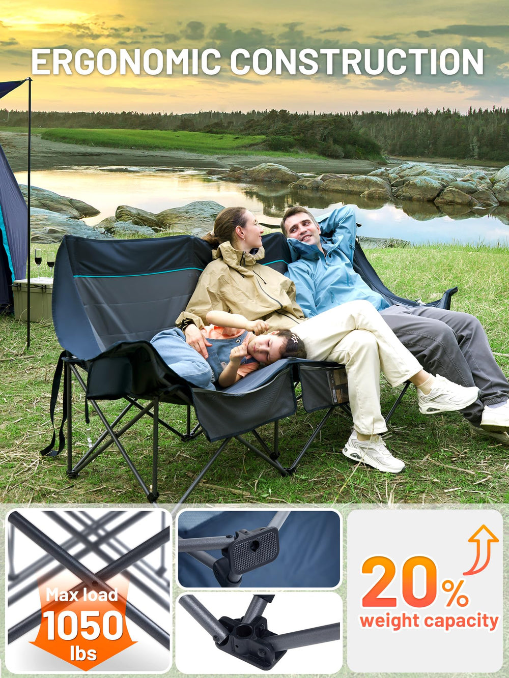 Timber Ridge padded 3-person camping chair high-back cushions provide back support