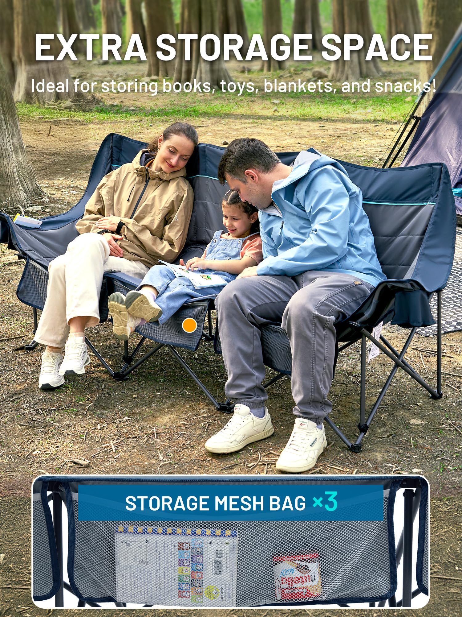 Timber Ridge padded 3-person camping chair side view shows spacious seating