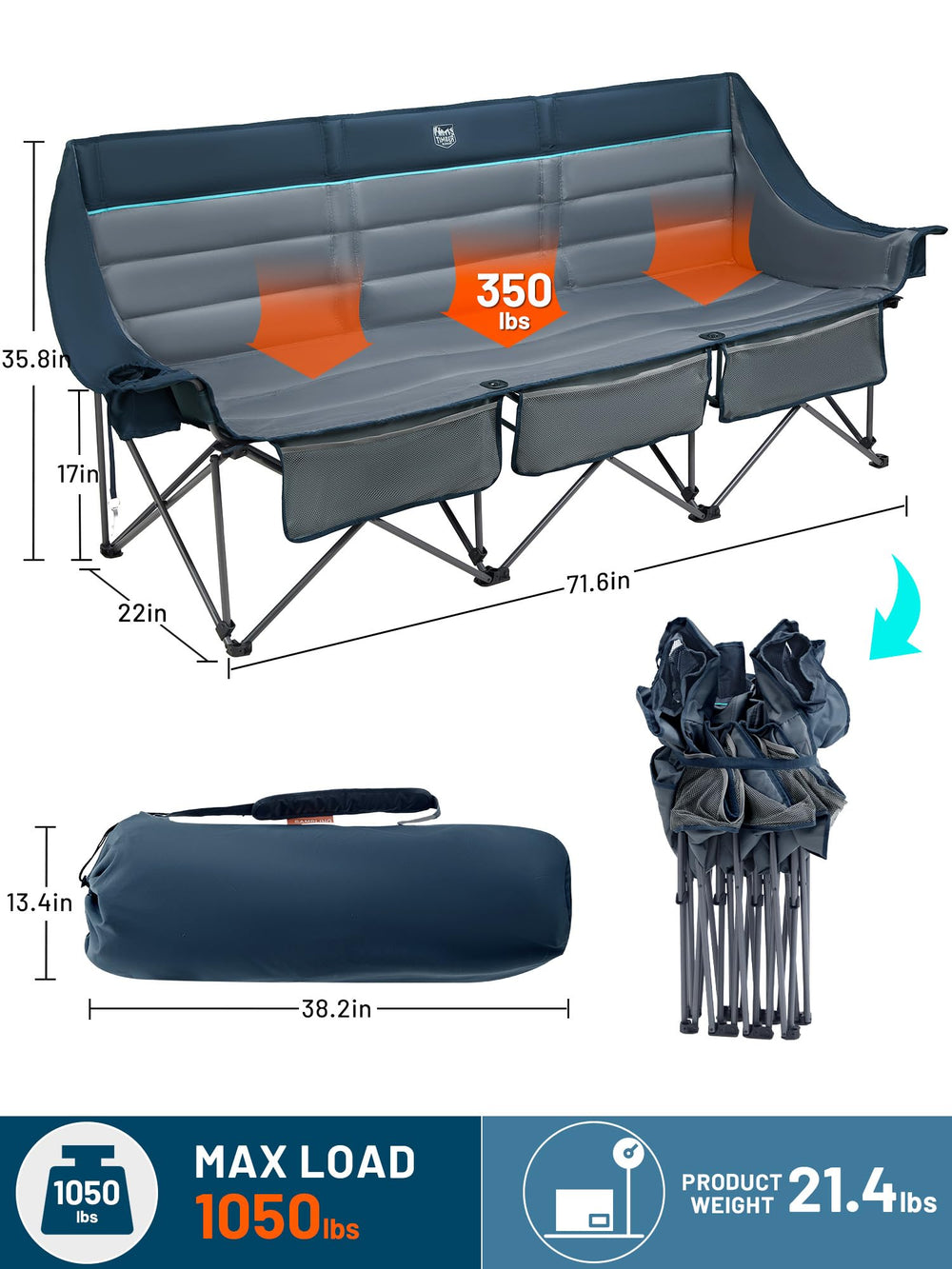 Timber Ridge padded 3-person camping chair with storage pockets helps organize gear