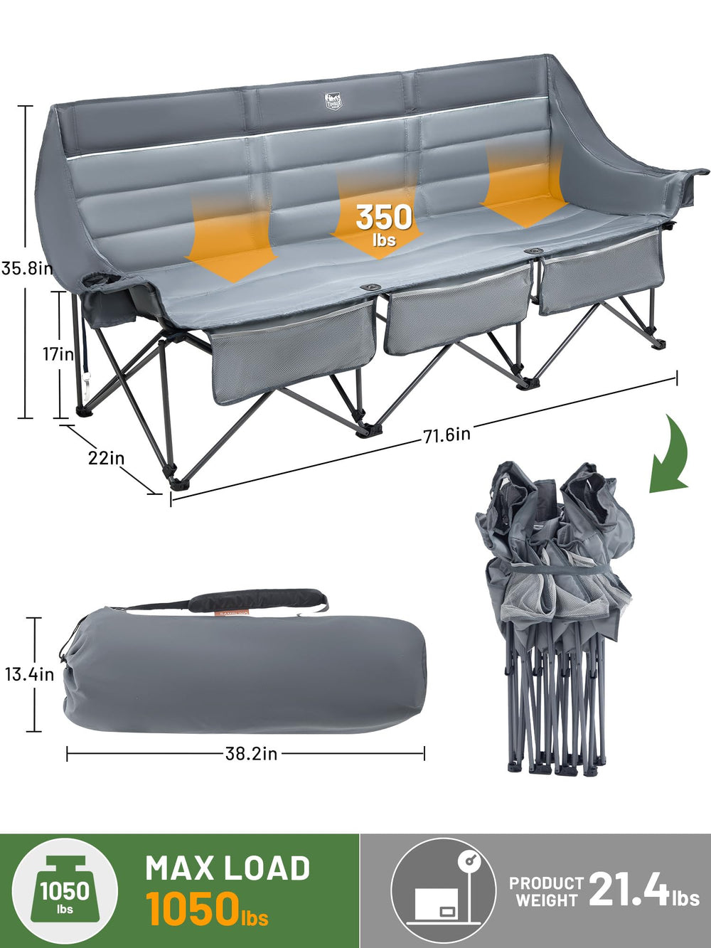 TIMBER RIDGE padded 3-person chair, side-pocket storage for essentials during outdoor outings.