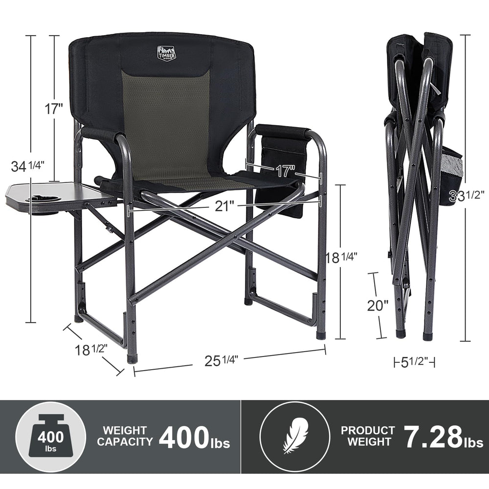 TIMBER RIDGE chair shows side table and padded fabric for easy access.