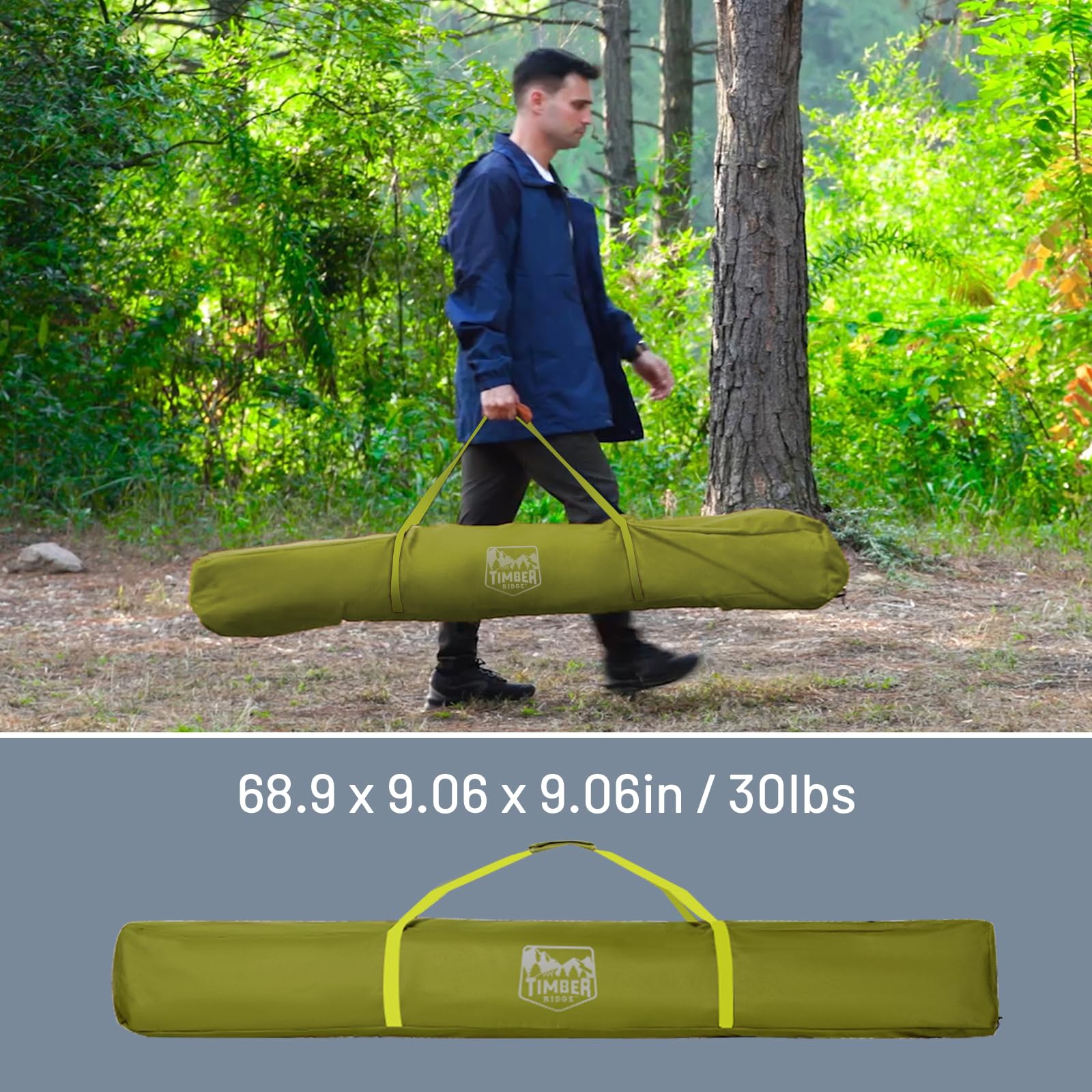 Timber Ridge sturdy stakes and tie-down ropes ensure stable camping setup.