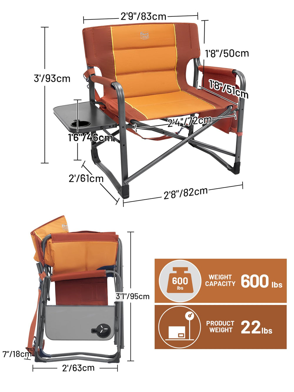 TIMBER RIDGE XXL Directors Chair heavy-duty frame supports up to 600 lbs for rugged use.