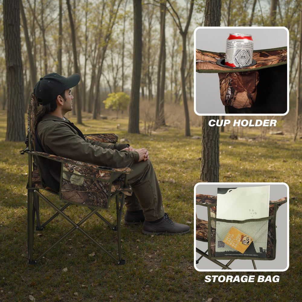 TIMBERHIDE camo folding chair with carry bag simplifies transport to campsites and blinds.