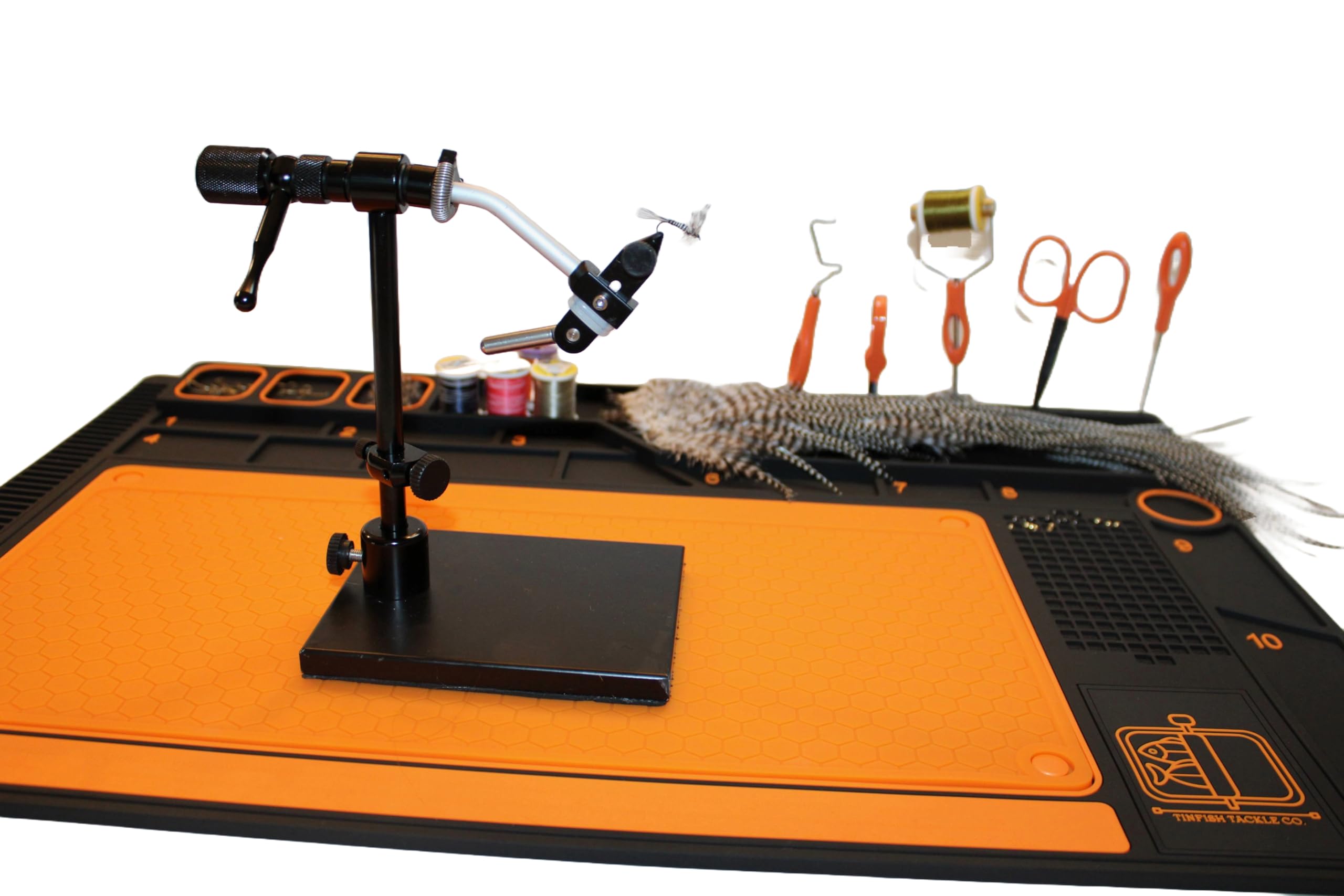 Tinfish Tackle Co fly tying mat with ample workspace for organized tying.