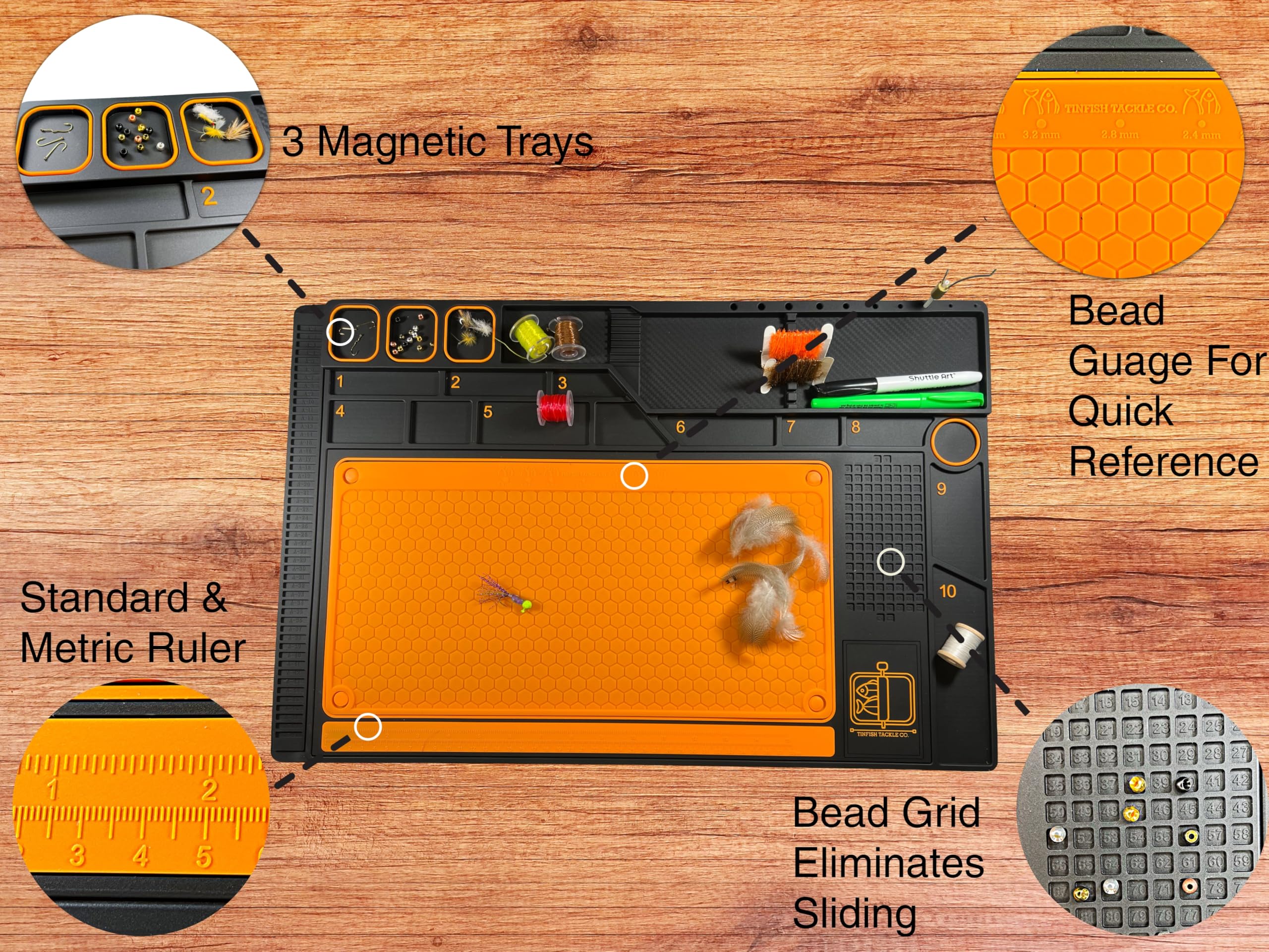 Tinfish Tackle Co magnetic hook trays keep hooks secure during tying tasks.