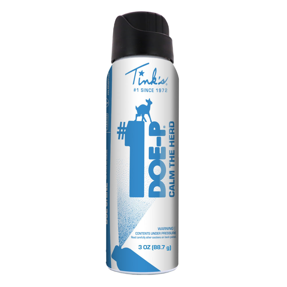 TINK'S Doe-P calming spray bottle releasing a fine mist to attract deer.