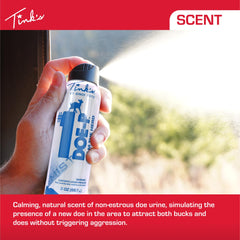 Applying downwind bursts near stand to attract bucks and does with Doe-P.