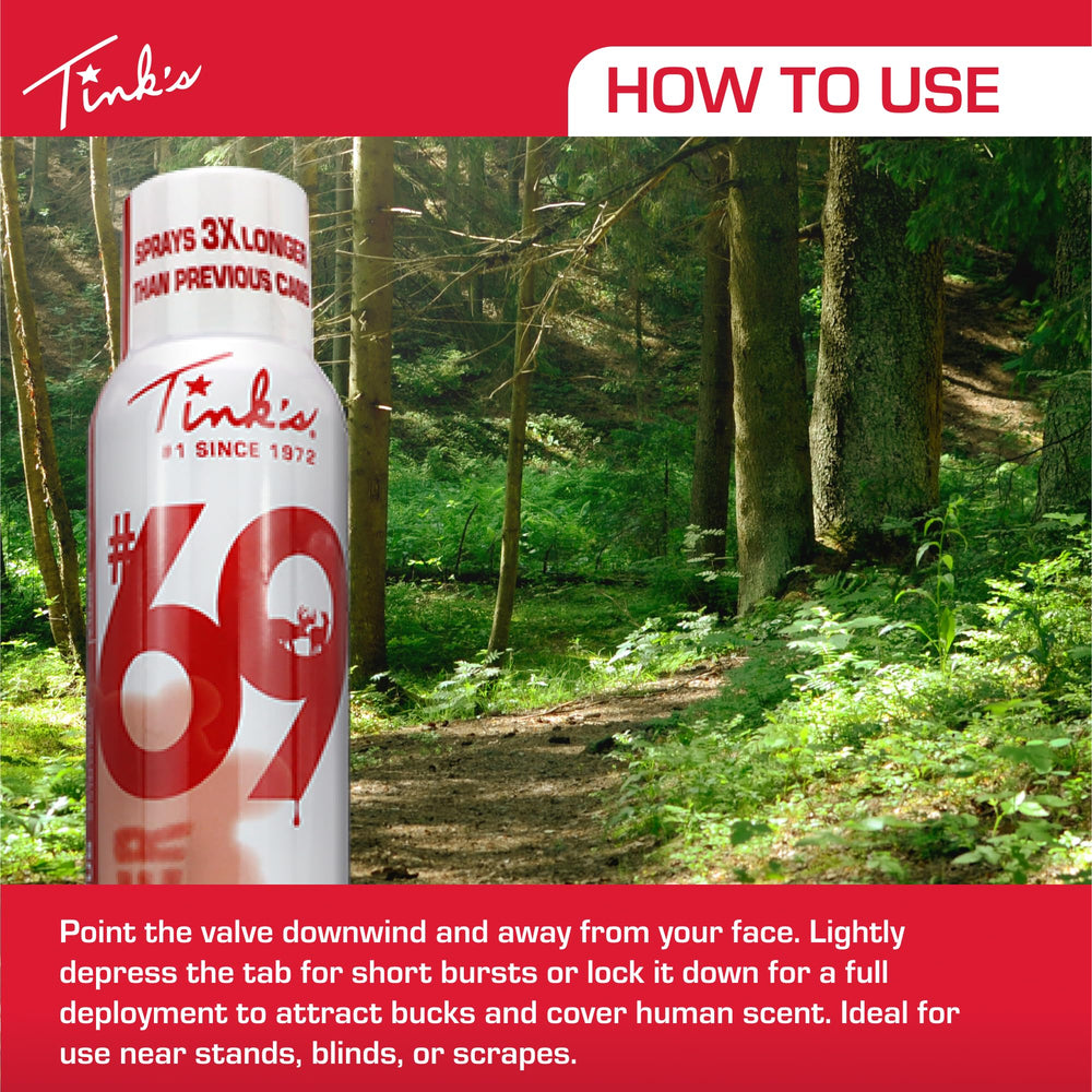 Point downwind for best results, offer short bursts or full deployment near stands.