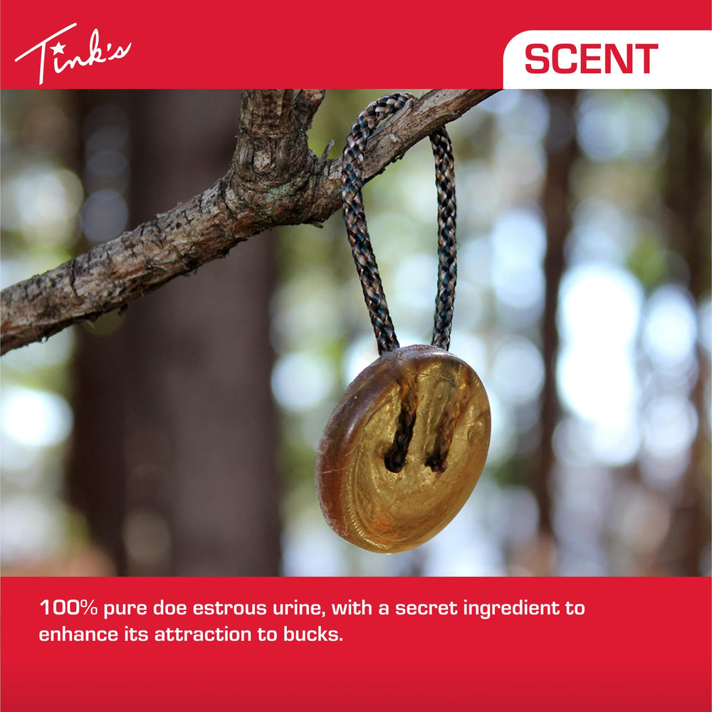 Tink's Buck Pucks hanging on a branch show field setup.