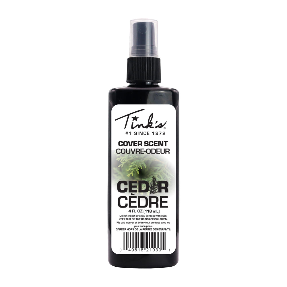 Tink's Cedar Cover Scent spray bottle for easy odor masking on gear.