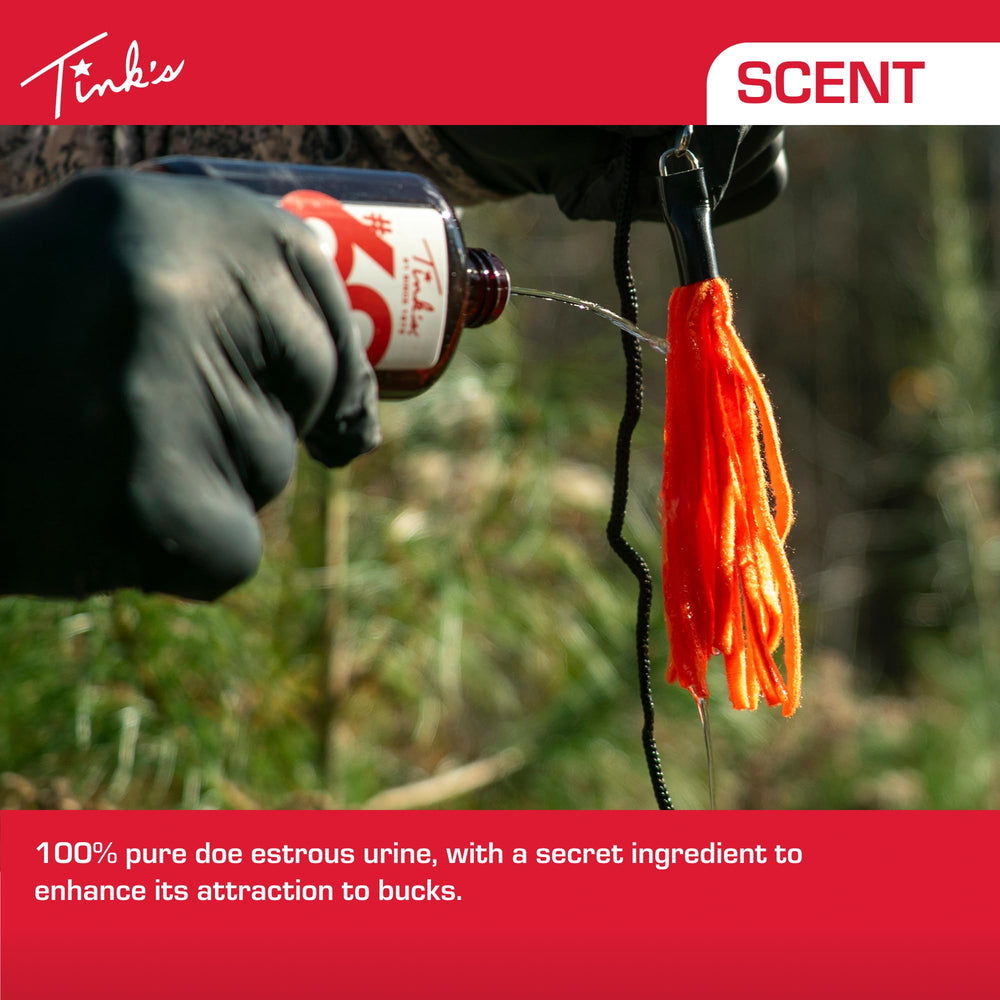 Tink's Doe-in-Rut ground-application illustrates effective ground lure placement for deer.