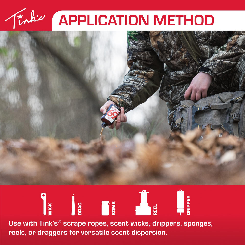 Tink's Doe-in-Rut scrape-area image shows scenting a mock scrape for bucks.