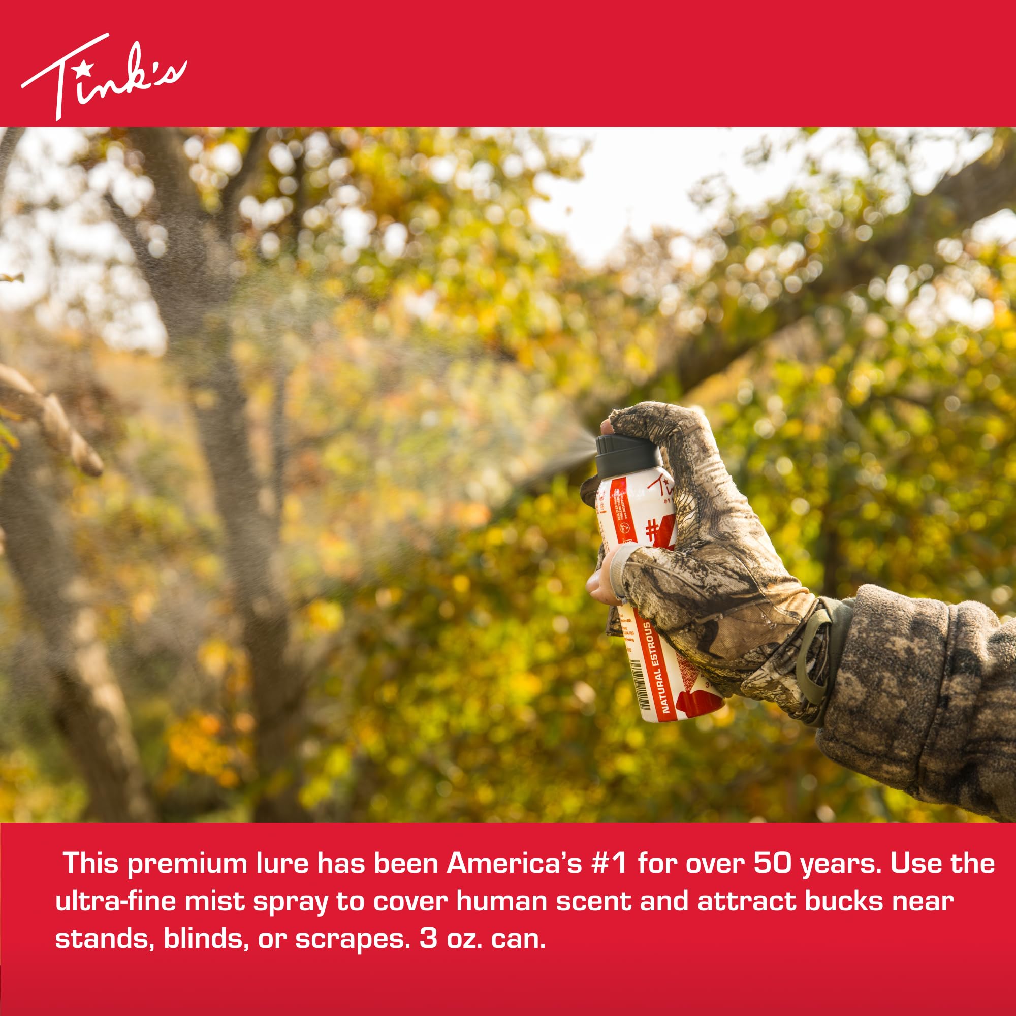 Close-up of TINK'S Doe-in-Rut spray bottle showing premium doe urine scent.