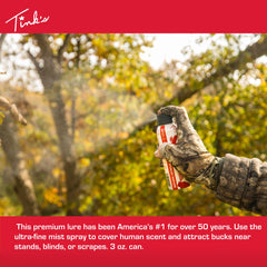 Close-up of TINK'S Doe-in-Rut spray bottle showing premium doe urine scent.
