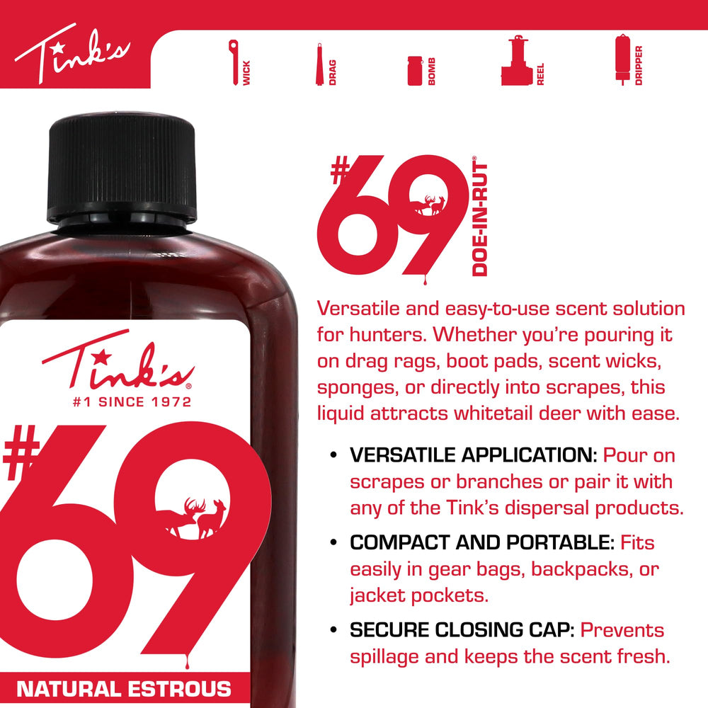 Tink's Doe-in-Rut usage-guide communicates brand-backed scent guidance.
