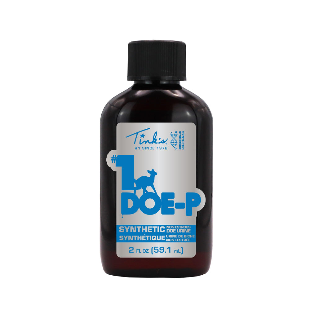 Tink's Doe-P bottle closeup showing calming scent for deer attraction.