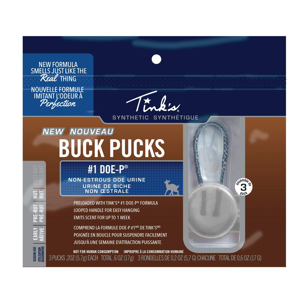 Tink's Doe-P Buck Scent Hanger shows a three-pack with looped handles for easy hanging.