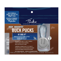 Tink's Doe-P Buck Scent Hanger shows a three-pack with looped handles for easy hanging.