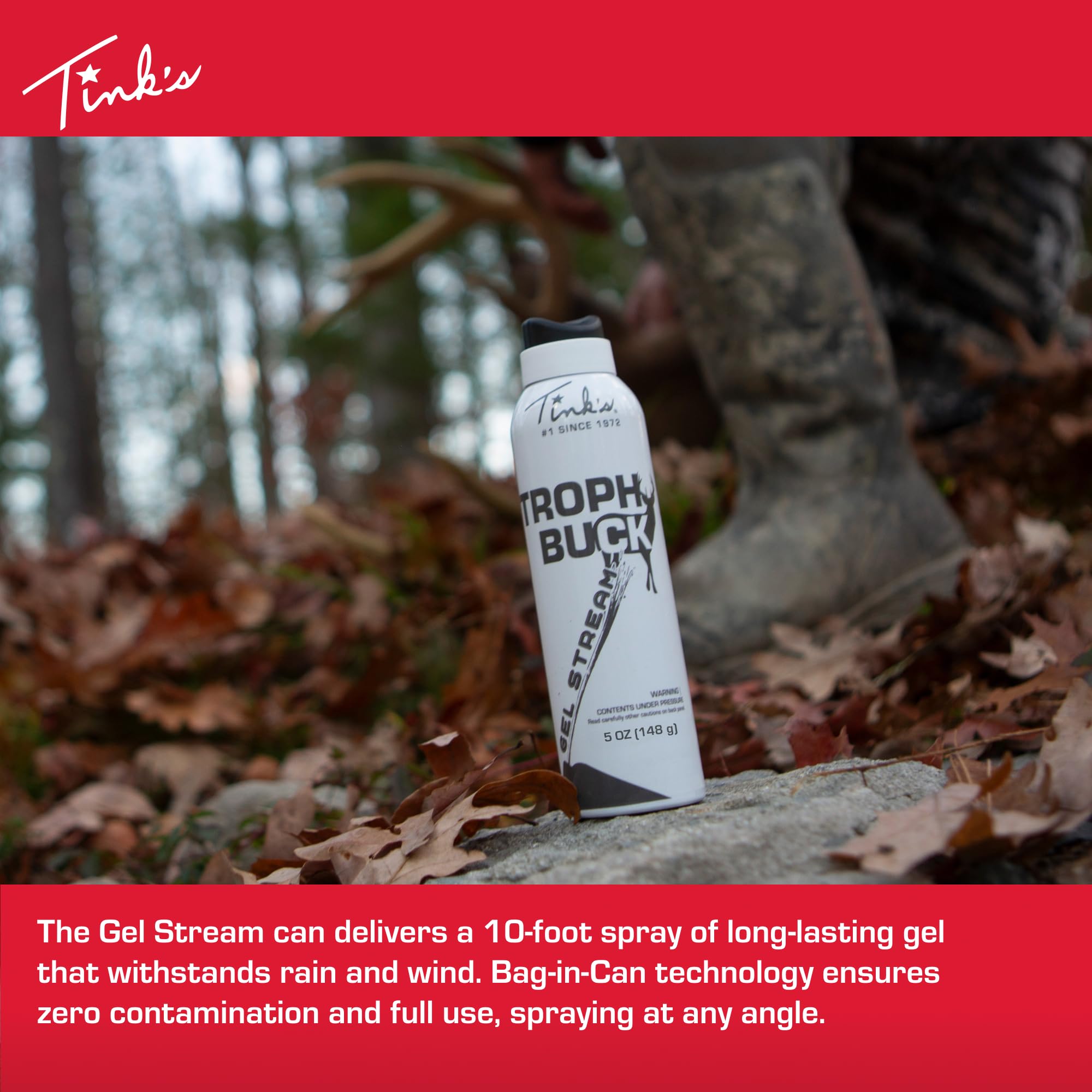 TINK'S Trophy Buck urine gel shows a 10-foot stream for targeted placement.