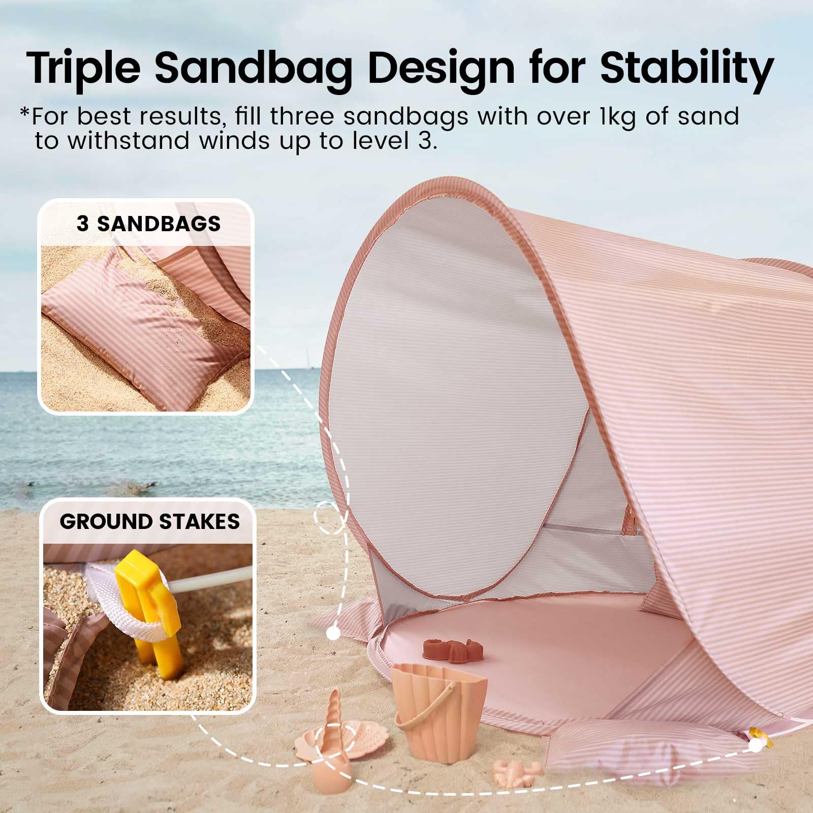 Tiny Land Beach Tent with sand pockets for stable placement on windy days