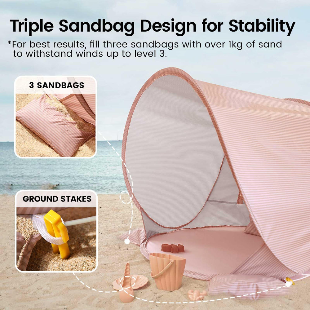 Tiny Land Beach Tent with sand pockets for stable placement on windy days