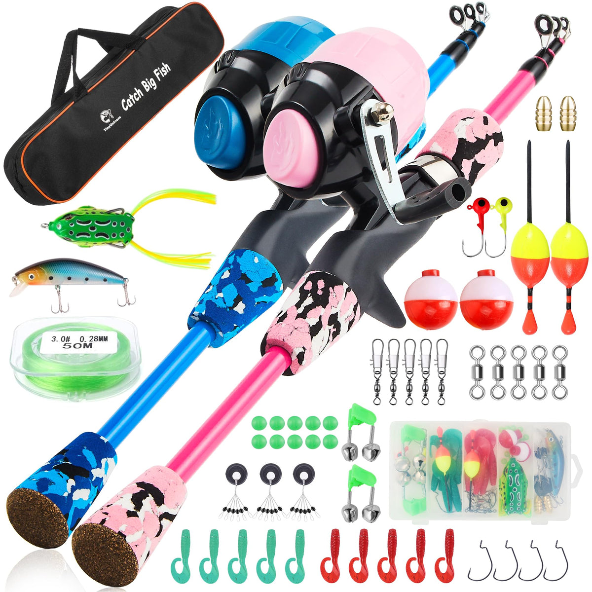 TINYUNICORN kids fishing pole kit blue-pink carry bag for easy family trips