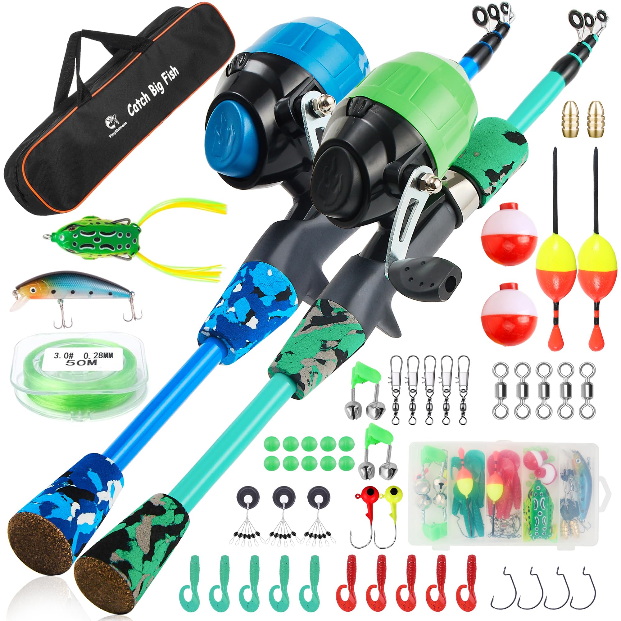 TinyUnicorn kids fishing pole kit set with extended pole, ideal for backyard casting practice.