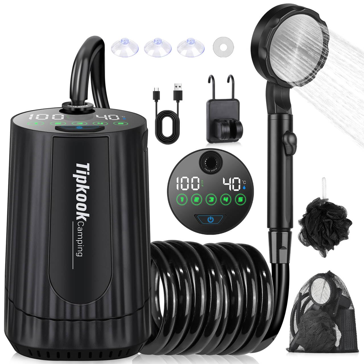 Tipkook portable shower with 10000mAh battery for extended camping rinses.