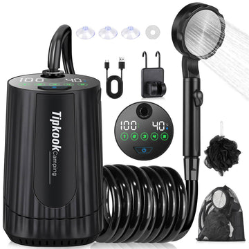 Tipkook portable shower with 10000mAh battery for extended camping rinses.