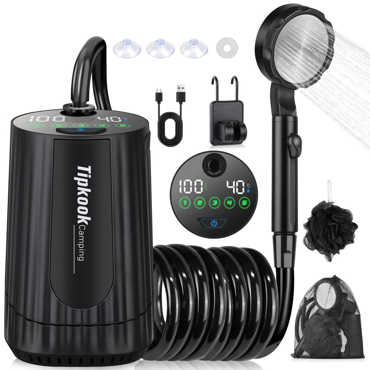 Tipkook portable shower with 10000mAh battery for extended camping rinses.
