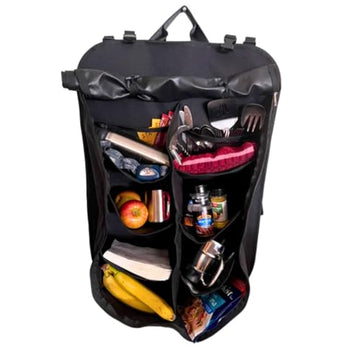 Tire Table camp organizer hanging bag open, easy access to essentials at camp