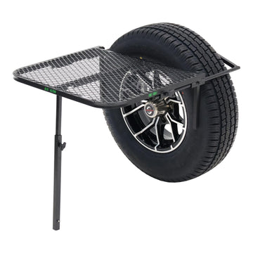 Tire Table holding gear and meals while camping or tailgating.