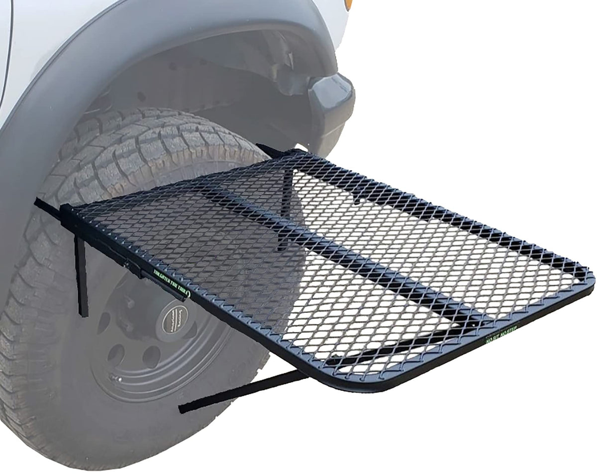 Tire Table Medium Aluminum folded for compact storage after a road trip