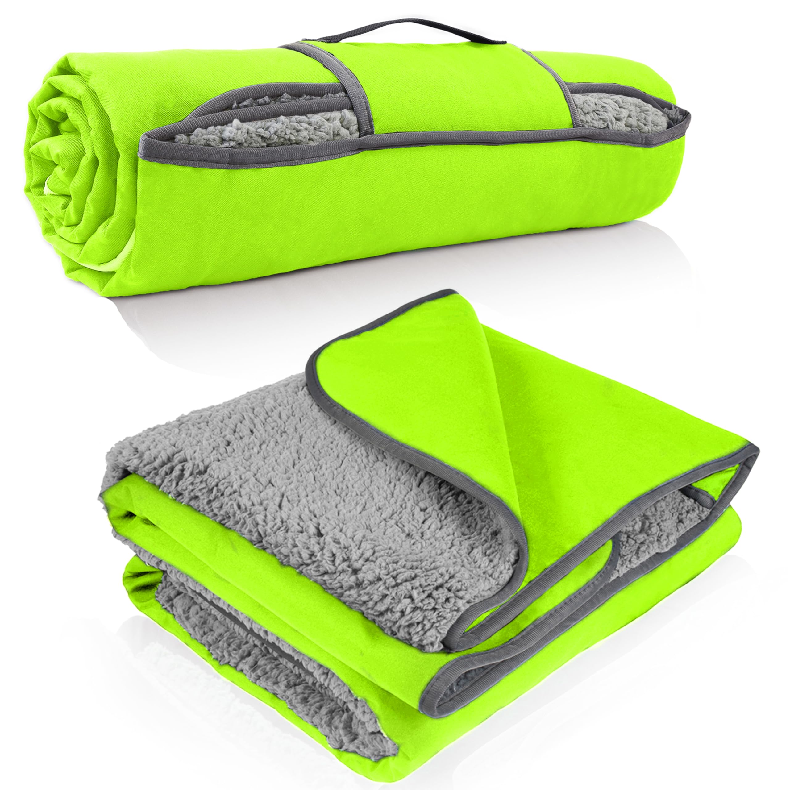 Tirrinia Bright Waterproof Blanket with Sherpa lining provides warm, dry shelter on damp ground.
