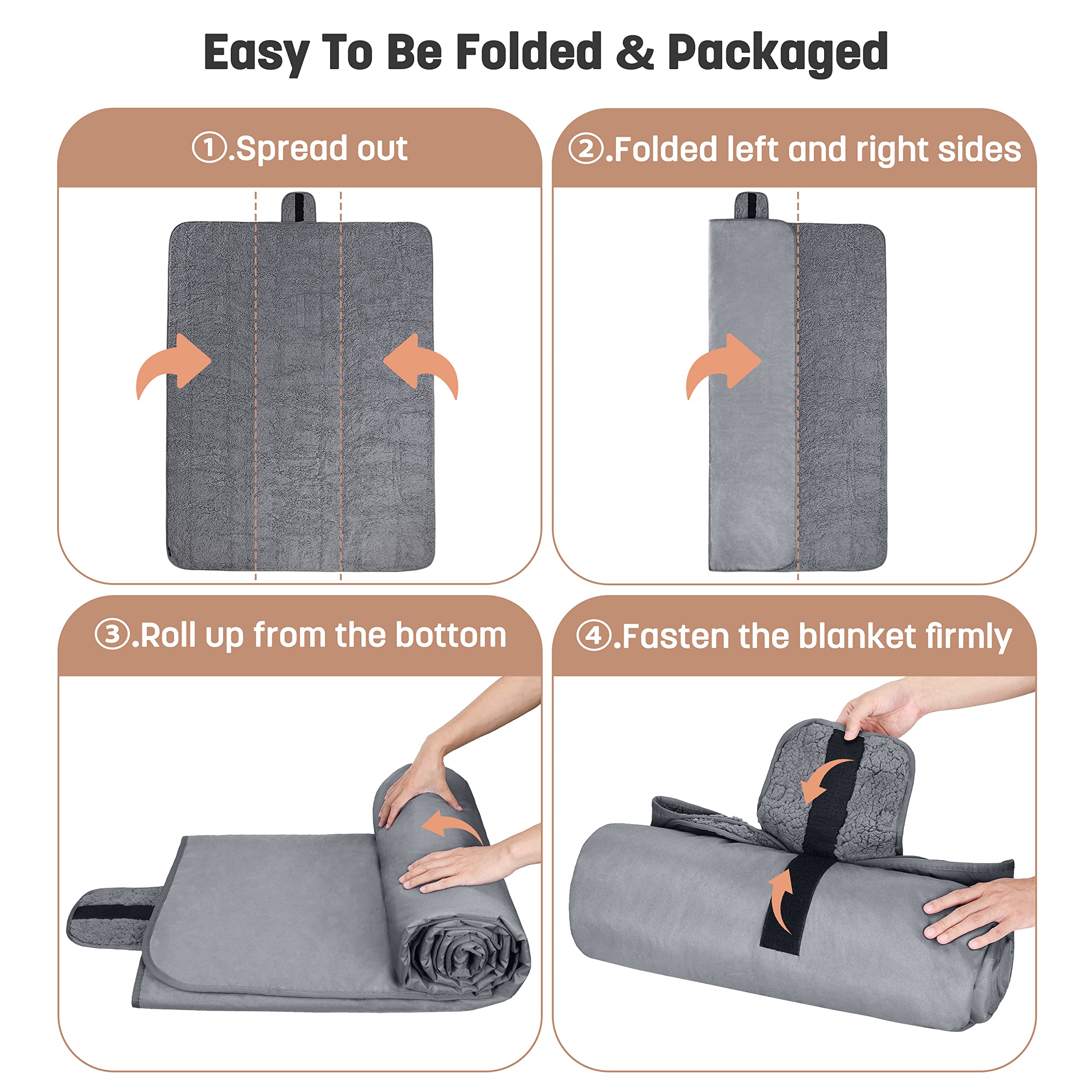 Tirrinia foldable blanket with carrying strap highlights easy transport and storage.