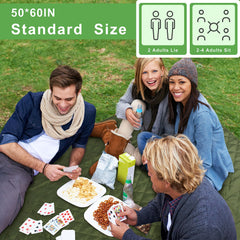 Tirrinia sandproof beach blanket spread on sand during a family picnic.