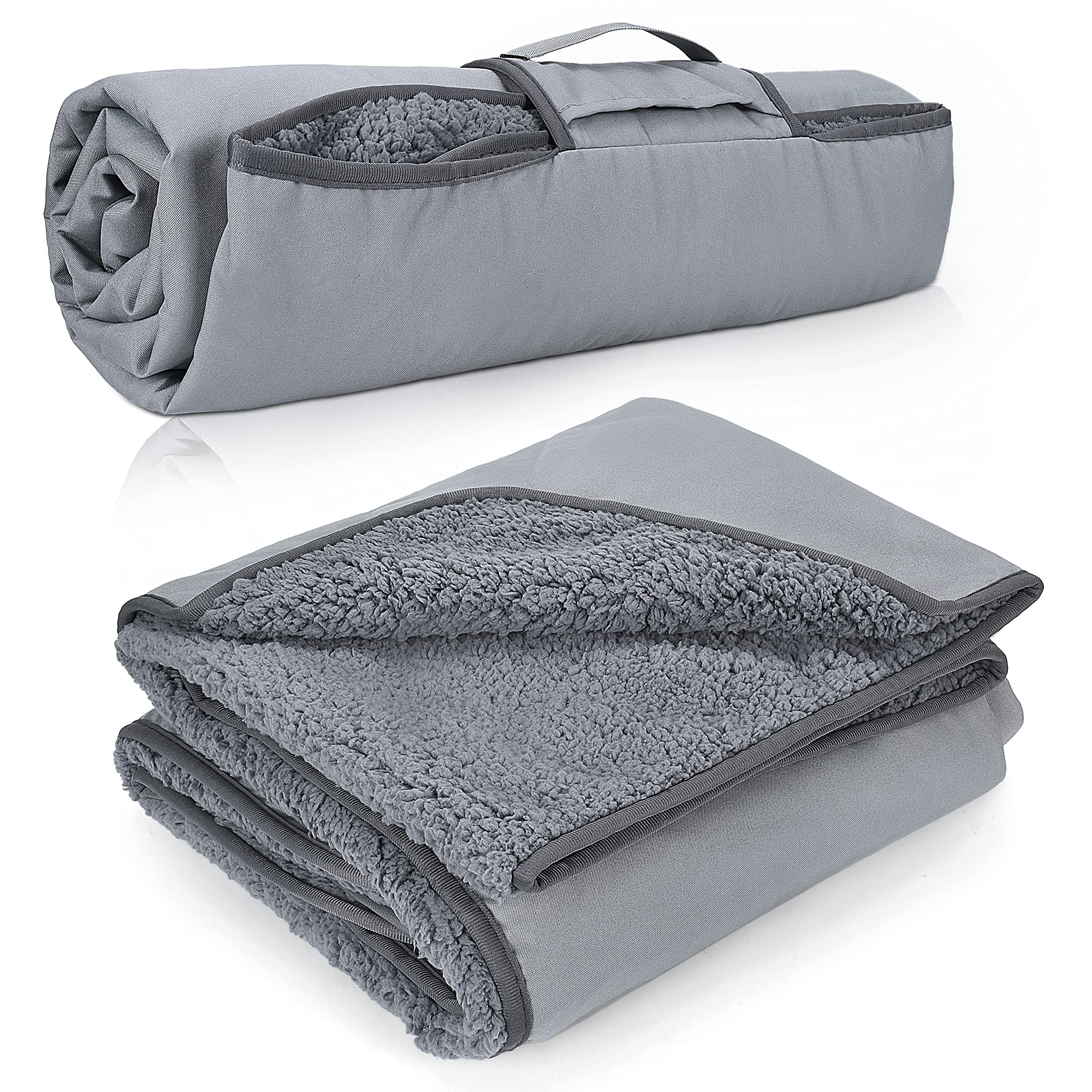 Tirrinia waterproof outdoor blanket back view demonstrates waterproof backing for dry warmth.