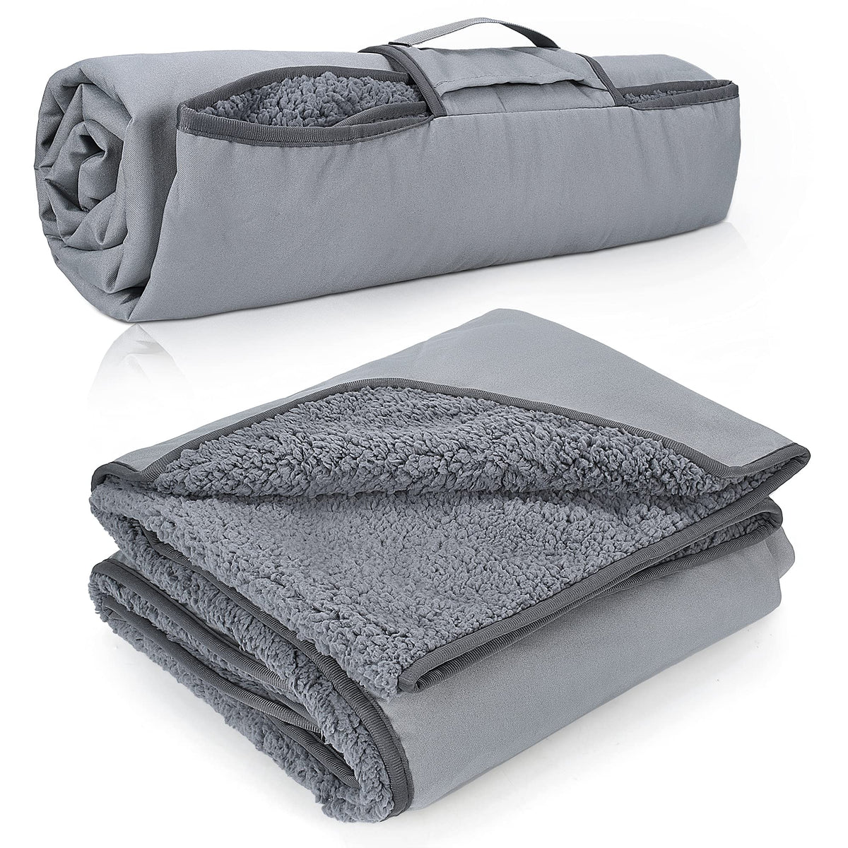 Tirrinia waterproof outdoor blanket back view demonstrates waterproof backing for dry warmth.