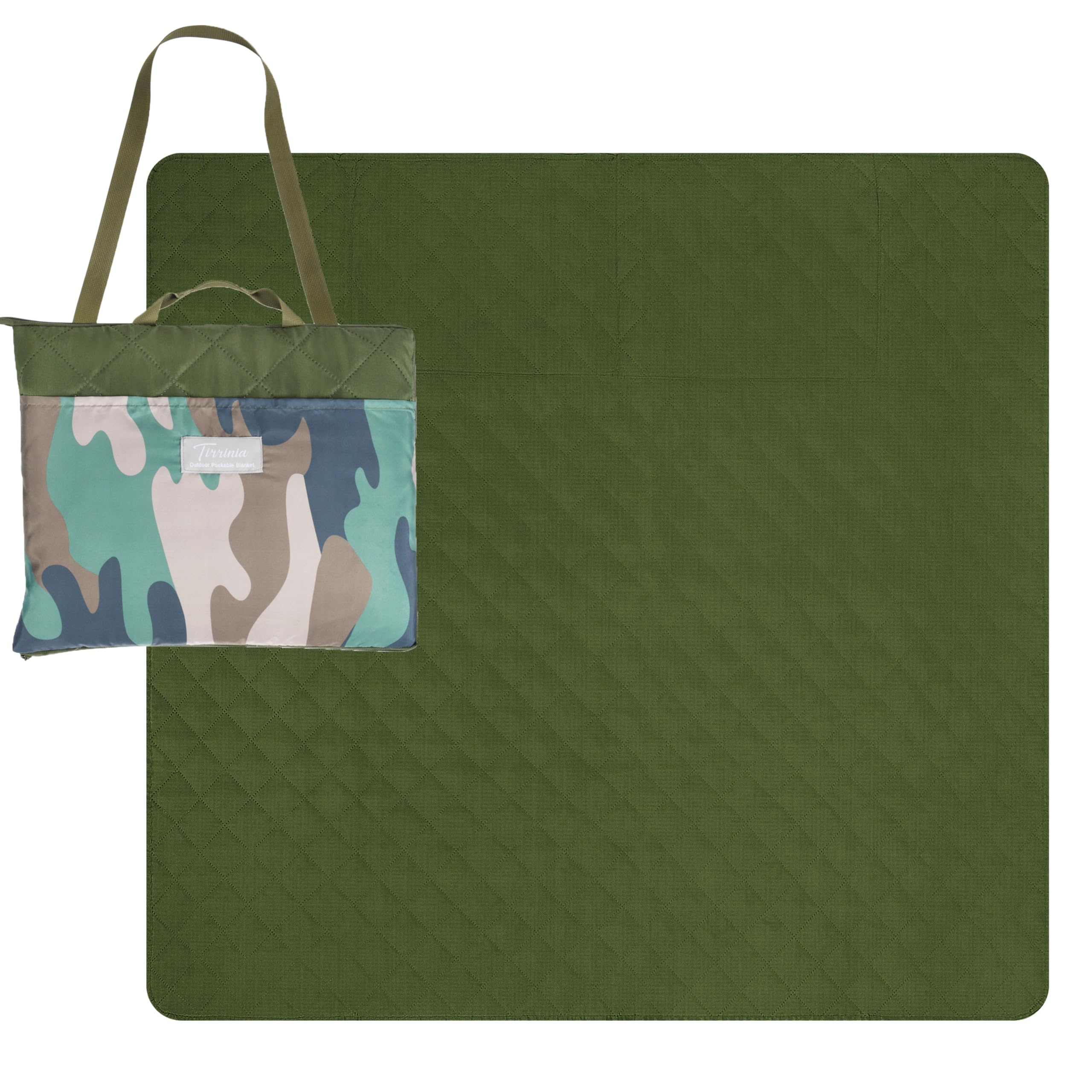 Tirrinia waterproof picnic blanket folded in a compact backpack for easy transport.