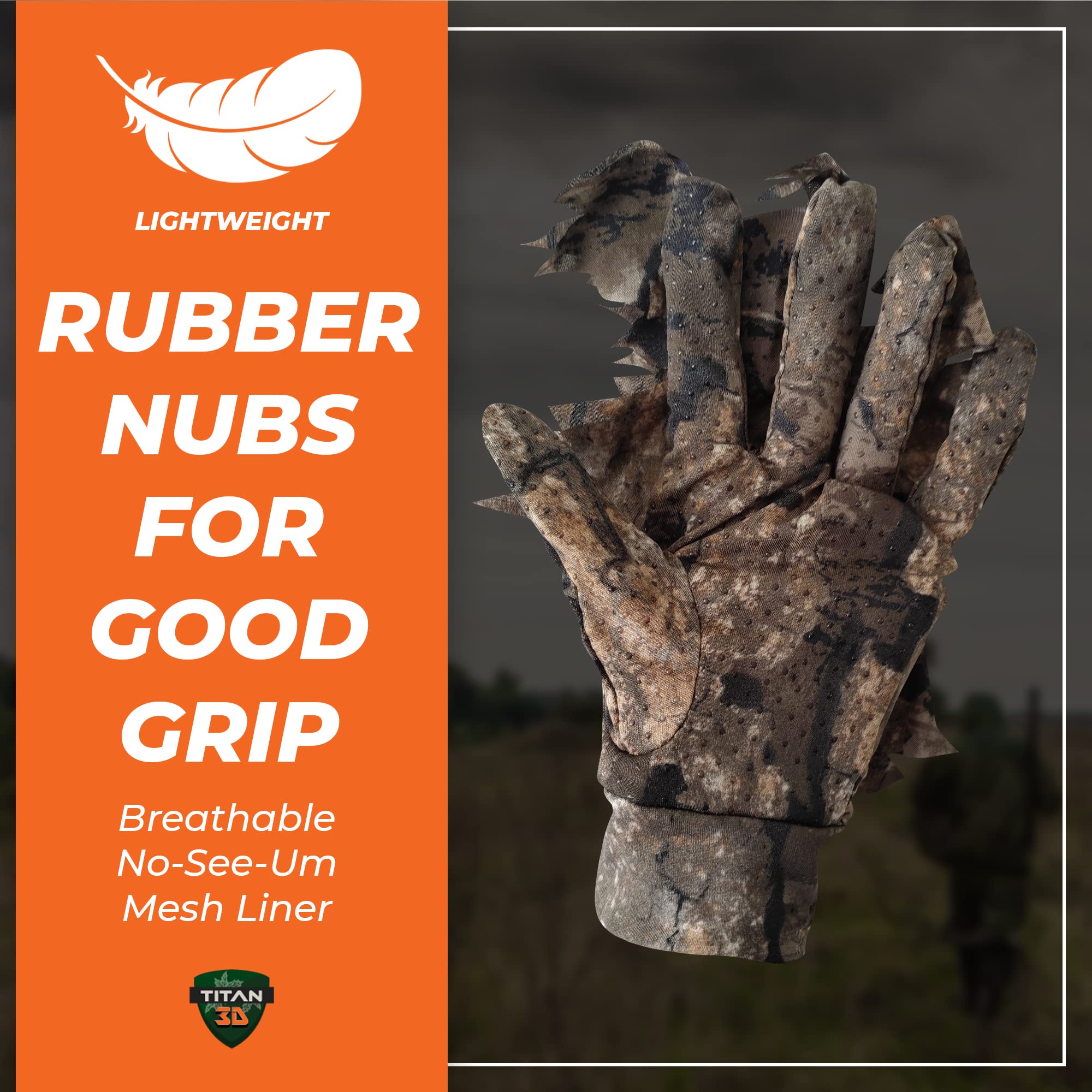 Titan 3D leaf-pattern gloves designed to pair with a leafy suit for concealment.