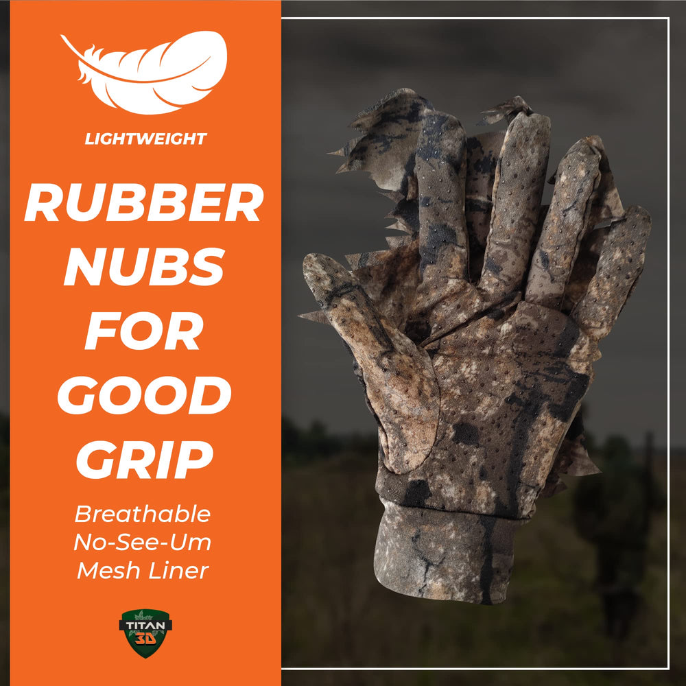 Titan 3D leaf-pattern gloves designed to pair with a leafy suit for concealment.