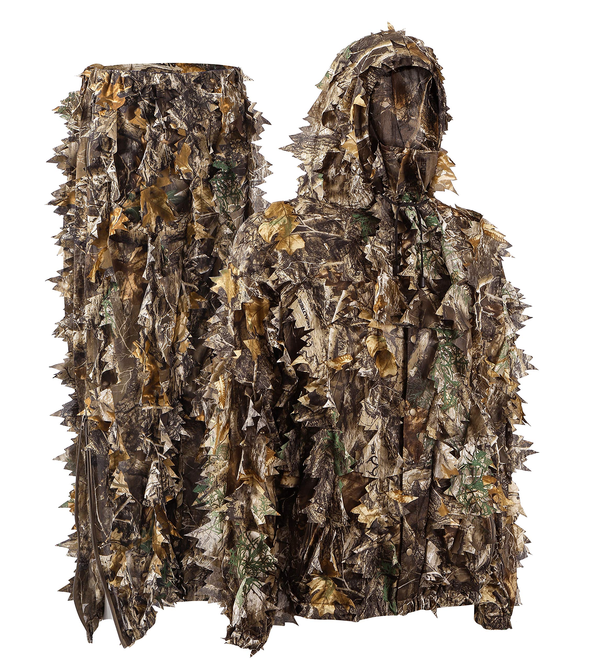 Titan 3D Leafy Suit jacket with hood blending into forest for discreet stalking.