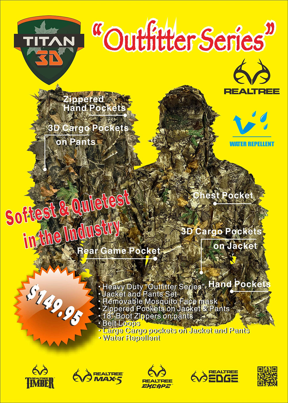 Titan 3D Outfitter leafy suit jacket and pants view highlights rugged fabric and quiet leaves for stealthy hunts