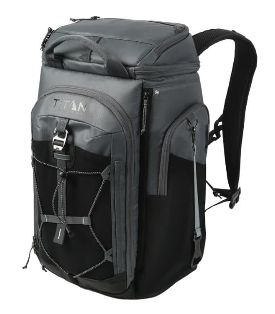 Titan by Arctic Zone 26-Can Backpack Cooler gray with Ice Walls and organized pockets for picnics