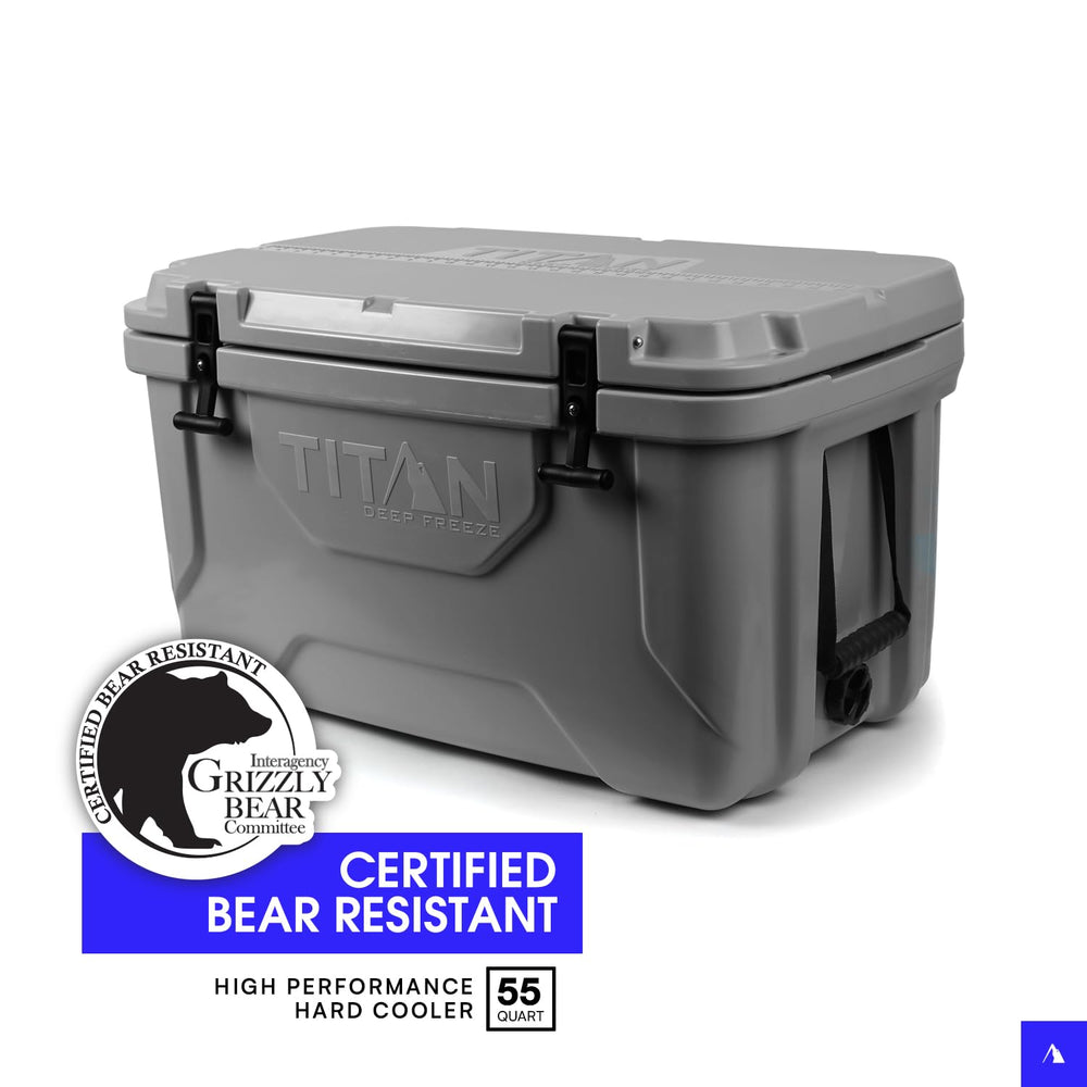 Titan Deep Freeze 55Q anti-skid feet and corrosion-resistant hardware for stable outdoor use.