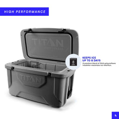 Titan Deep Freeze 55Q latches and gasket detail demonstrates tight seal for cold retention.