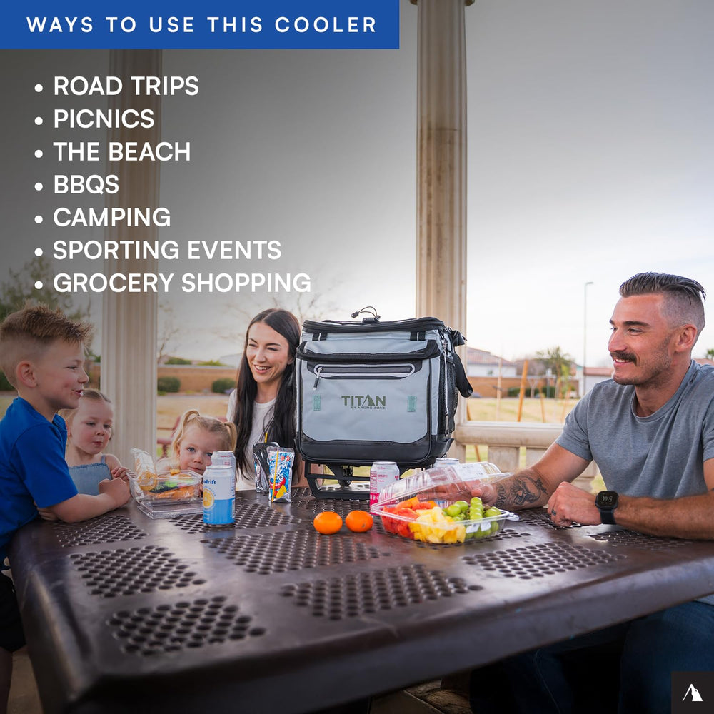 Titan Deep Freeze cooler with oversized wheels handles rough terrain smoothly.