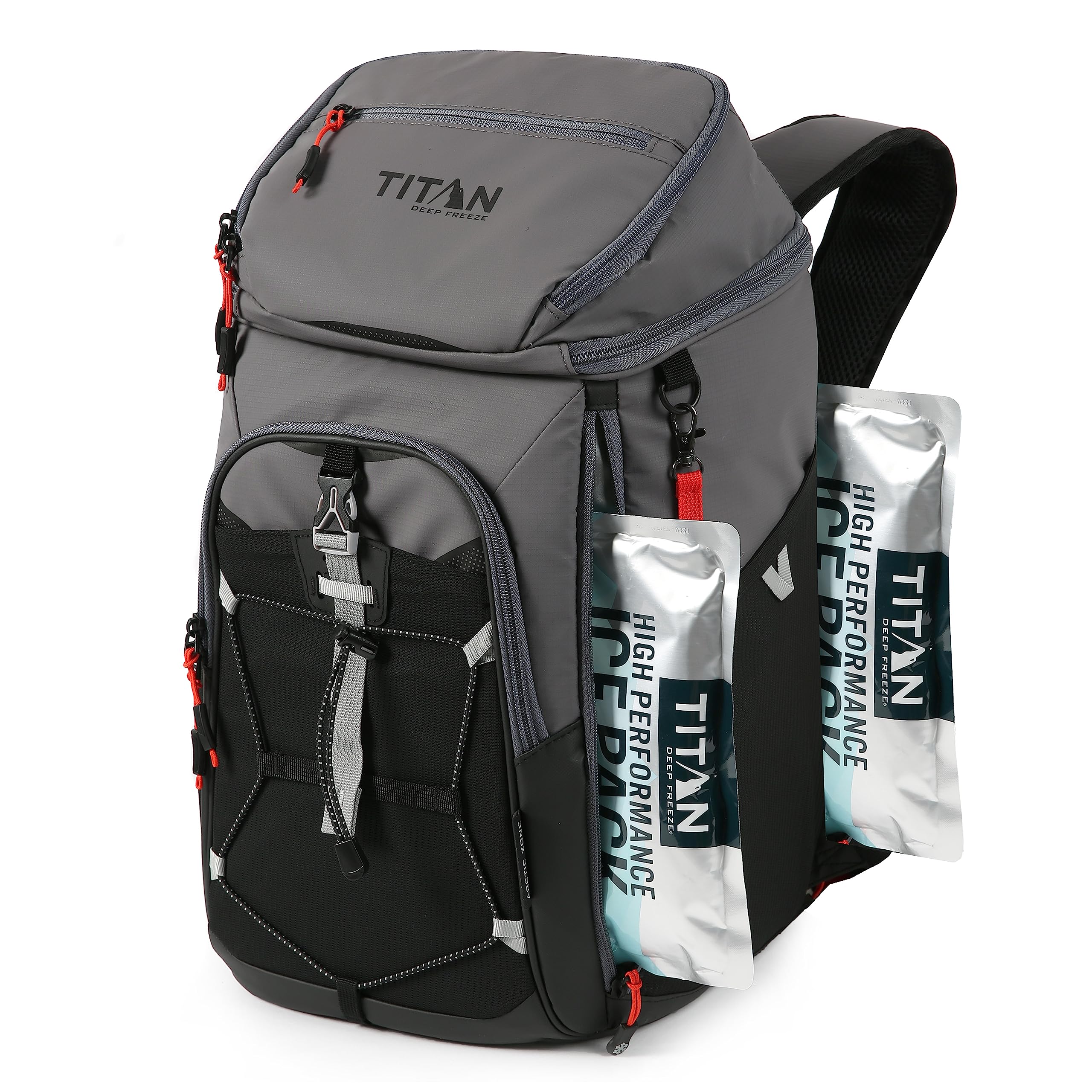 Titan Deep Freeze Ice Wall Backpack Cooler front view shows 30-can capacity for adventures.